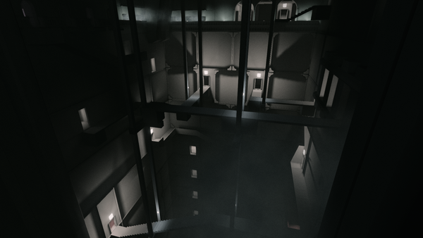An abstract group of pillars and walkways without railways. The area looks a bit like a group of three apartment buildings touching at the corners. It's dark with a bit of fog, lit mainly by yellow lights over doorways throughout the complex.
