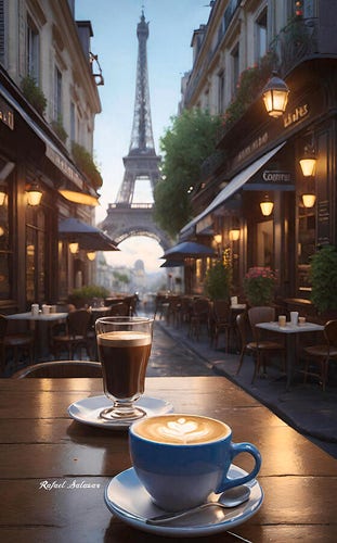 Where the charm of a Parisian bistro comes to life against the backdrop of the iconic Eiffel Tower. A wooden table is adorned with a cup of steaming coffee and a tantalizing chocolate drink, inviting viewers to savor the delights of Parisian café culture. Brushstrokes dance with light and color, infusing the scene with an air of romance and nostalgia.