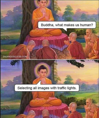 Two panel meme of the buddha meditating under a tree with a group of disciples.  In the first panel one of the disciples asked “Buddha, what makes us human?”, and in the second panel the Buddha responds “Selecting all images with traffic lights.”, a reference to a common anti-bot CAPTCHA process on many websites.