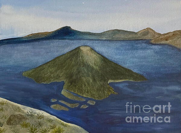 A green island rises from the center of a large lake with steep sides.  This watercolor features Wizard Island which is in the center of Crater Lake.