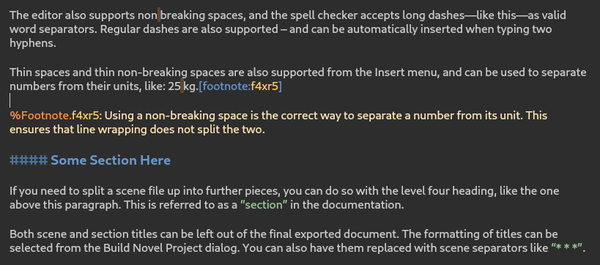 A screenshot of a text document in novelWriter showing an example of how a footnote is formatted.