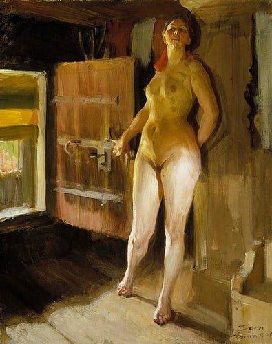 Painting with a yellowish palette of a nude white woman standing by a wood door.