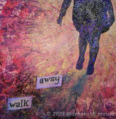 A 4x4" painting on canvas:

At top-right, a woman walks off the canvas, into a warm light.
At bottom left, her shadow stretching behind her, and the words "walk away".

© 2024 Deborah Preuss @deborahh