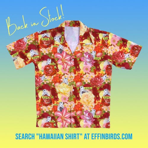 A photograph of a men’s cut Effin’ Birds Hawaiian shirt.