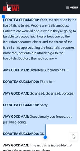 DOROTEA GUCCIARDO: Yeah, the situation in the hospitals is tense. People are really anxious. Patients are worried about where they’re going to be able to access healthcare, because as the incursion becomes closer and the threat of the Israeli army approaching the hospitals becomes more real, patients are afraid to go to the hospitals. Doctors themselves are —

AMY GOODMAN: Dorretea Gucciardo has —

DOROTEA GUCCIARDO: There is —

AMY GOODMAN: Go ahead. Go ahead, Dorotea.

DOROTEA GUCCIARDO: Sorry.

AMY GOODMAN: Occasionally you freeze, but just keep going.

DOROTEA GUCCIARDO: OK.

