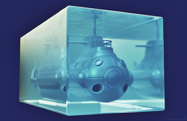 3D rendering of a small-scale submarine design inside a cubical water basin.
