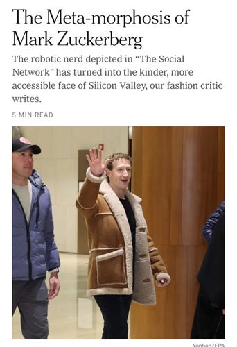The Meta-morphosis of Mark Zuckerberg
The robotic nerd depicted in "The Social Network" has turned into the kinder, more accessible face of Silicon Valley, our fashion critic writes.

(Picture of zuck in a giant coat that looks terrible on him)