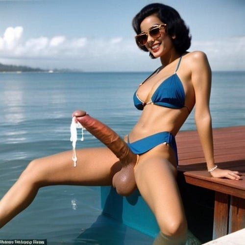 A 1950s vintage photo of a sexy Hawaiian futanari woman sitting on a dock by the ocean with a huge erection and ejaculation.