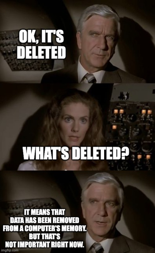 A meme from a scene in the movie "Airplane!" The doctor says, "Ok, it's deleted." The flight attendant asks, "What's deleted?" The doctor respond, "It means that data has been removed from a computer's memory. But that's not important right now."