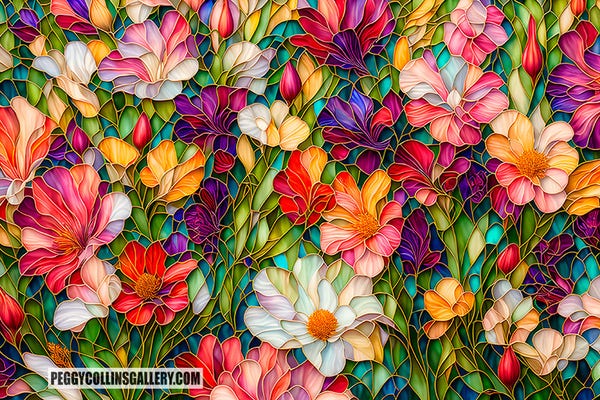 Colorful artwork of an abstract flower garden with a stained glass look, by artist Peggy Collins.