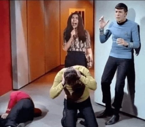A picture of the TOS enterprise covering their ears while Yoko Ono sings.