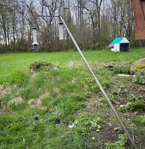 pole holding bird feeders tilted at a 45° angle with the bottom knocked off one feeder