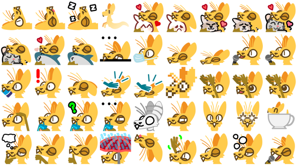 a grid of all the new static yinglet emotes in the ying color palette (a yellow yinglet with no hair)