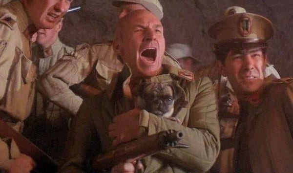 Patrick Stewart going into battle holding a pug dog, a scene from the David Lynch version of Dune.
