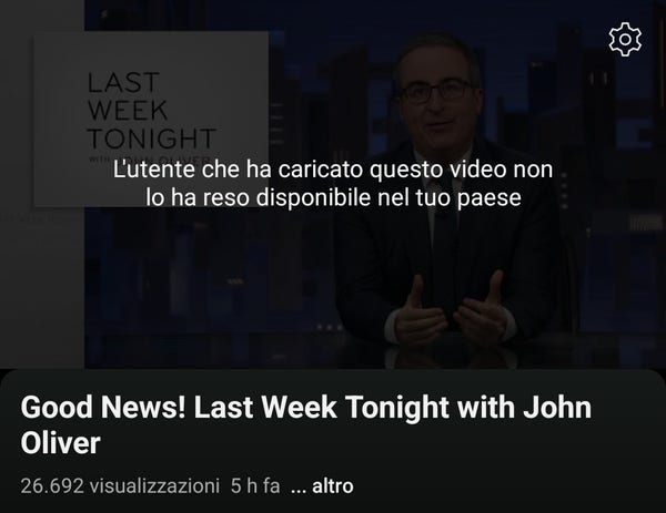 Screenshot showing a "Last Week Tonight" YouTube video being geoblocked