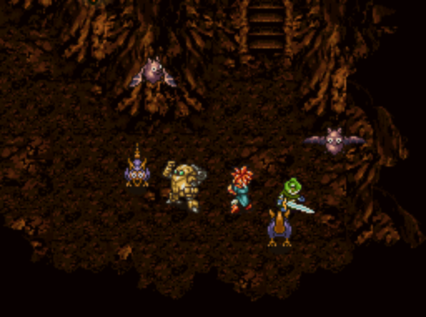 In-game screenshot showing Chrono, Frog and RoBo in a cave, fighting bats and rats