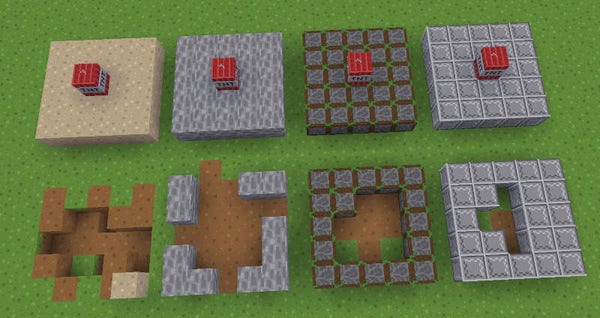Repixture screenshot showing TNT placed on different block materials (pictures result before and after explosion): Sandstone, cobblestone, reinforced cobblestone and wrought iron.

The materials are showing different damage, with sandstone being the most destroyed and wrought iron the least.