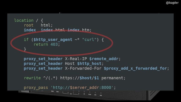 a config file showing how it returns a 404 error if the user agent contains the word "curl"