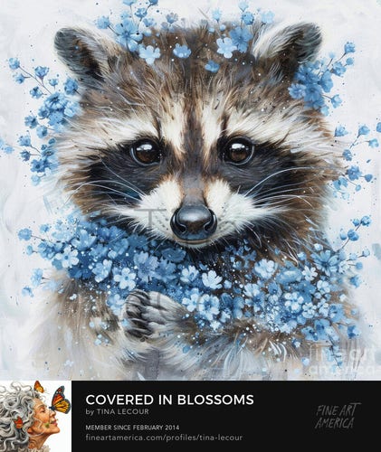 This is a portrait of an adorable raccoon covered in blue blossom flowers with a white background.