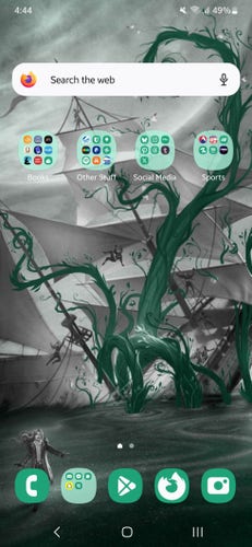 Android phone wallpaper. It's an emerald tinted picture of green vines taking down a shop. A young woman walks away from it, walking on the ocean.