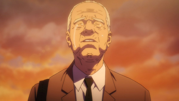 Inuyashiki screenshot of an elderly man crying while wearing a suit. Seen from the chest up with a cloudy, reddish sky behind him.