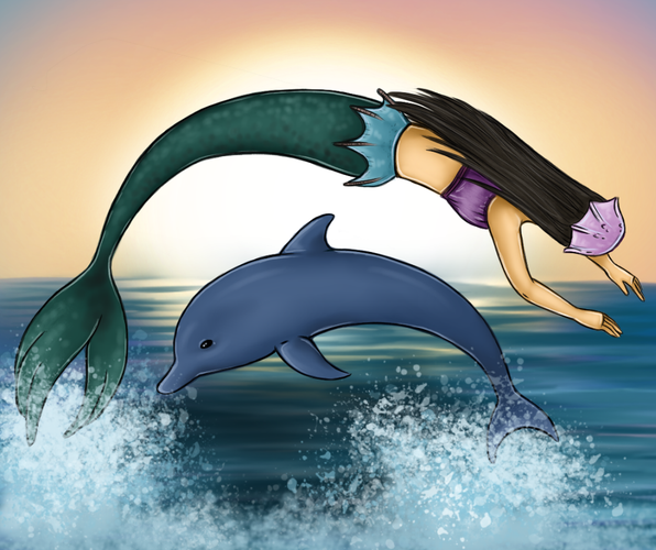 Cartoon style drawing of a mermaid with long dark hair and dark green tail. She is wearing short purple top and pink jellyfish on her head as a cap. There is a dolphin below her, they are both jumping above sea surface, in opposite directions. In the background is visible sunset.