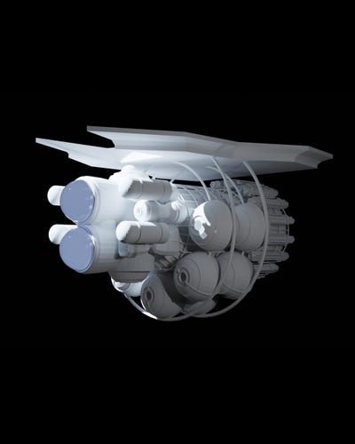 A Blender render of a spaceship. Twin cockpits are stacked on top of each other at the front. A mass of cylinders, spherical tanks, and pods are clustered around the ship.