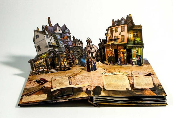 A pop-up book opened to a small street scene with shops