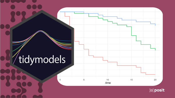 The tidymodels hex with an image of a survival analysis chart
