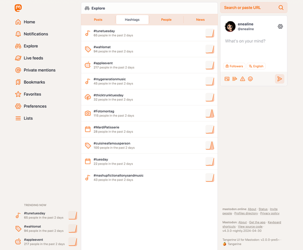 Trending hashtags page feat. Tangerine UI v2.0 with custom icons for popular trending hashtags.