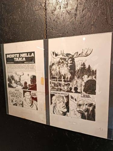 Foto di due tavole del fumetto "Morte nella Taiga" disegnate da Giampiero Casertano