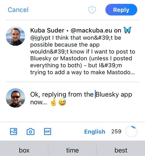 Me replying in the Bluesky iOS app "Ok, replying from the Bluesky app now… 🤞😅"