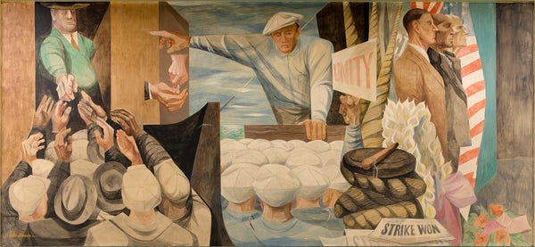 History of San Francisco mural, "The Waterfront," by Anton Refregier at Rincon Annex Post Office located near the Embarcadero at 101 Spear Street, San Francisco, California. The mural was commissioned as part of the WPA. The painter had intended to depict Harry Bridges as the central figure, but because of public attacks by Veterans of Foreign Wars (VFW) he had to make him anonymous. Refregier wrote: "The stories in the Hearst press brought out gangs of hoodlums who were constantly under my scaffolding and I no longer worked after the sun set." The Public Building Administration ordered that panel covered drawing protests from the CIO longshoremen and artists' organisations Photo: Public Domain