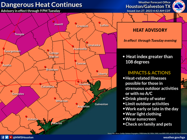 Map from NWS Houston showing Dangerous Heat