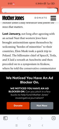 Mother Jones's website with a big 'We noticed you have an ad blocker on' message. 