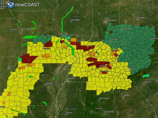 Warning areas showing a swath of areas under threat from severe weather