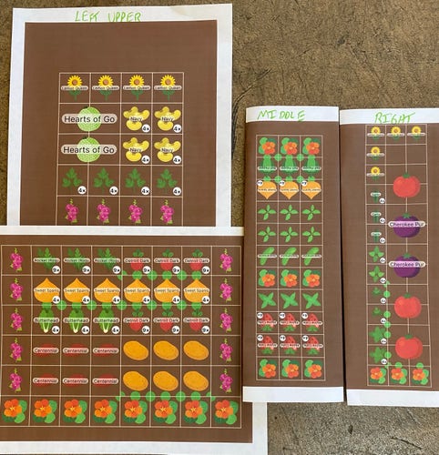 Four gardening plan charts depicting layouts for planting various plants and vegetables, with labels indicating different species