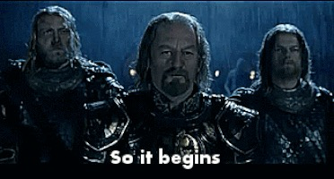 Animated gif of Théoden of Rohan from the Lord of the Rings saying “so it begins” in the rain