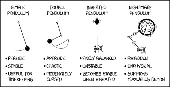 Different pendulum types:  the simple pendulum; the double pendulum; inverted pendulum; and the nightmare pendulum, which is vertically vibrated double pendulum, attached to a metronome.