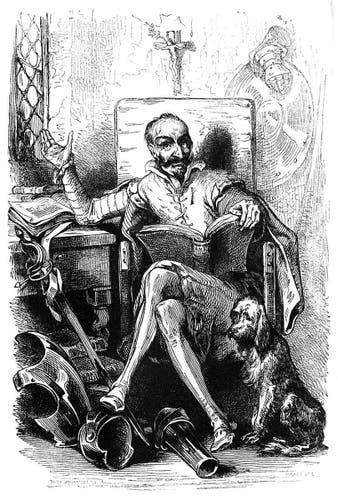 Portrait of Don Quixote sitting in an armchair with a book on his lap, smiling and greeting the viewer with a hand gesture