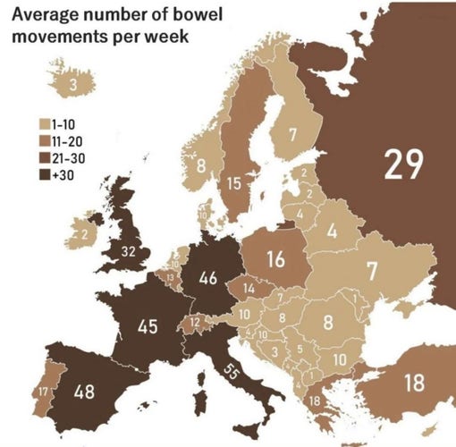 Map of average number of bowel movements per week. Western Europe is dying of pooping