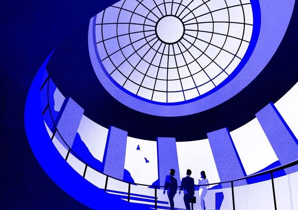 A monochromatic blue illustration featuring office workers walking up the steps of a spiral staircase. A large glass dome can be seen above them.