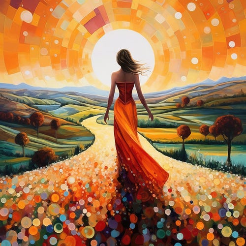 Colorful artwork of a woman in an orange  gown walking towards the sun in a landscape of rolling hills, by artist Peggy Collins.