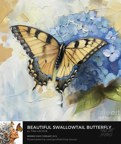 This is a painting of a beautiful yellow swallowtail perched on a big blue hydrangea flower.