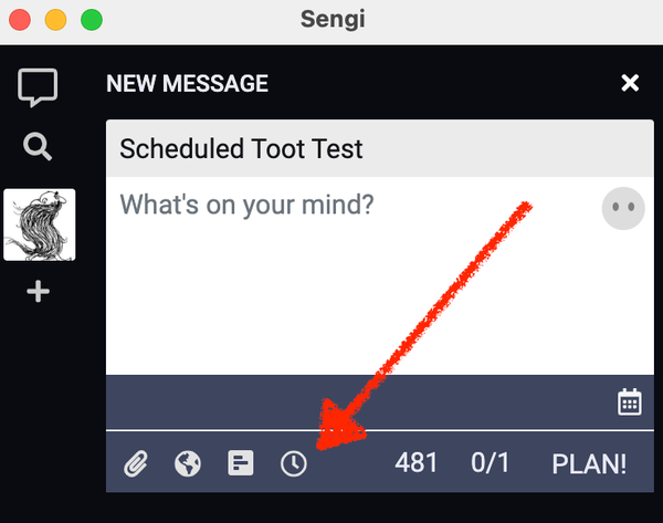 Screenshot of Sengi UI showing clock icon that allows scheduling a post.