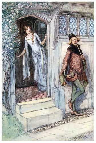 A man leans back on a wall and toys with his cane beside a door where a young woman makes an appearance