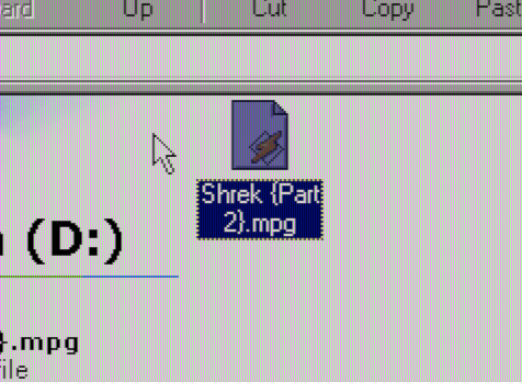 A Lone mpg file in Windows 98's Explorer labeled

"Shrek Part 2 dot mpg"