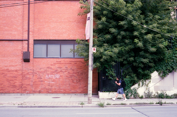 The right side of the image shows a densely wooded rail embankment. On the left is a red brick, institutional building with four opaque windows. A person is walking on the sidewalk passing the green trees and the single word “nature” has been spray painted on the brick wall. 