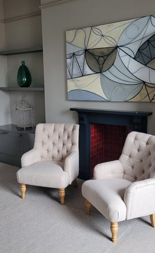 A photo of one side of my Georgian hotel room, the walls painted grey. In the centre is a fire place with a black surround and dark red tiles, and in front are two creamy upholstery chairs. Over the fireplace is an abstract painting, with pale blues, greens, and yellows. On the left are some alcove shelves with a large green glass vase and an antique bird cage. 