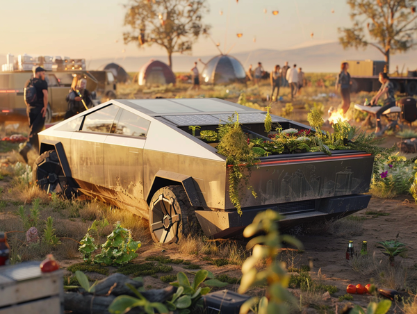 Photo of a rotting Tesla Cybertruck used a plant bed. Plants coming out of everywhere in the car, because windoes are open. Solars and nice futuristic architecture in the background. Solarpunk, but happy and optimistic. People grilling, drinking beer, and having fun in the background.